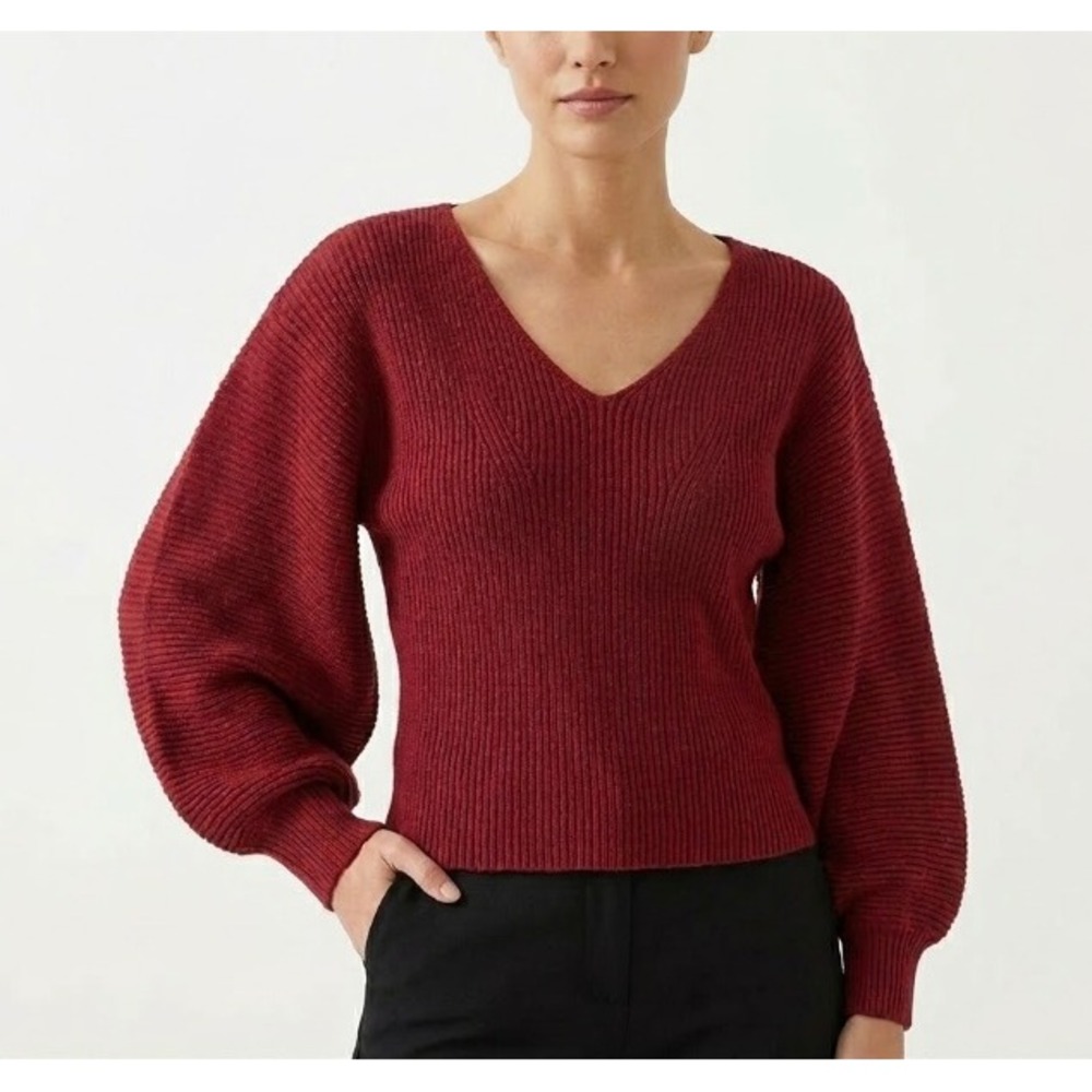 New Vigoss size XL Red Double V Neck Rib Knit Balloon Sleeve Sweater